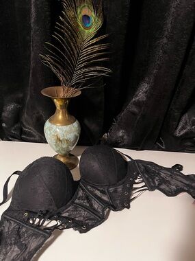 Victoria's Secret Black Lace Longline Push-Up Bra with Corset Lacing